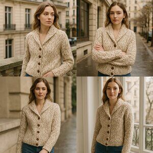 Vintage Handknit Chunky Wool Blend Cardigan — Cream & Chestnut Marled Yarn